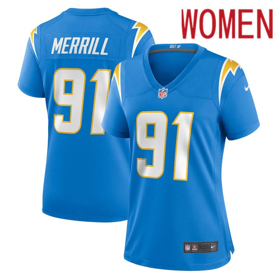 Women Los Angeles Chargers #91 Forrest Merrill Nike Powder Blue Player Game NFL Jersey->women nfl jersey->Women Jersey